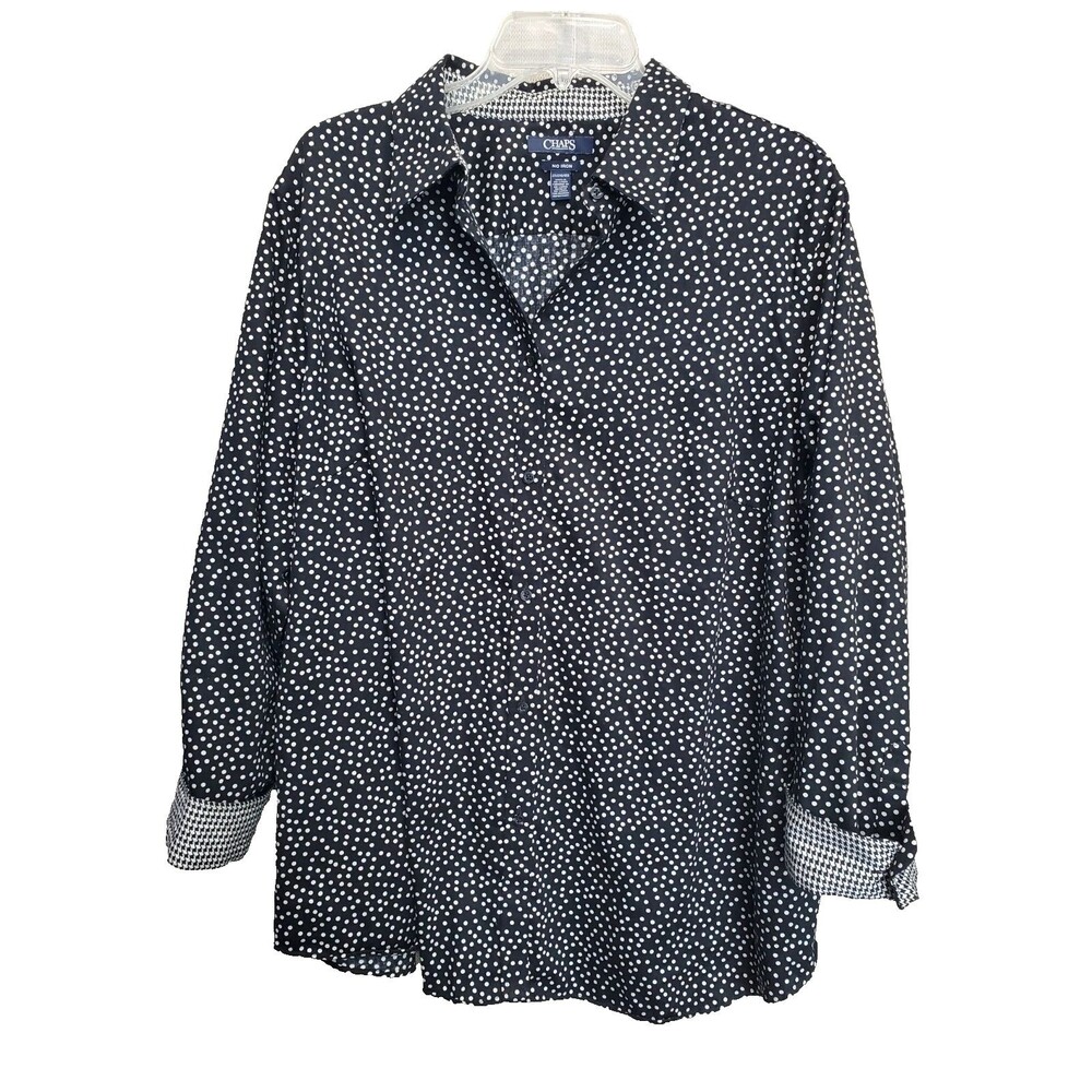 Chaps No Iron Black Polka Dot Flip-Cuff Long Sleeve Button-Up Top Size 2X